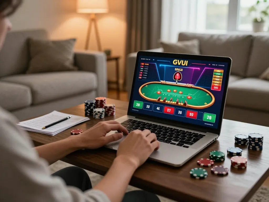 Engaged user plays GVUI casino games on a laptop in a cozy living room, fostering responsible gaming.