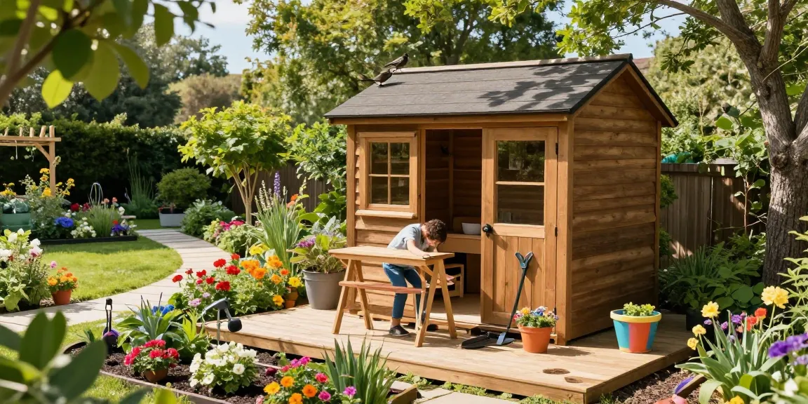 Wunderschönes Gartenhaus umgeben von blühenden Pflanzen, ideal für Rückzug und Entspannung.