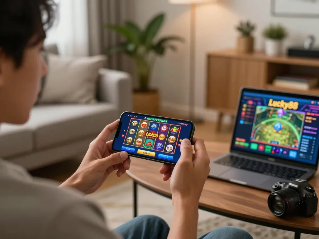 Engaging with the Lucky88 app on a smartphone, showcasing vibrant online gaming.