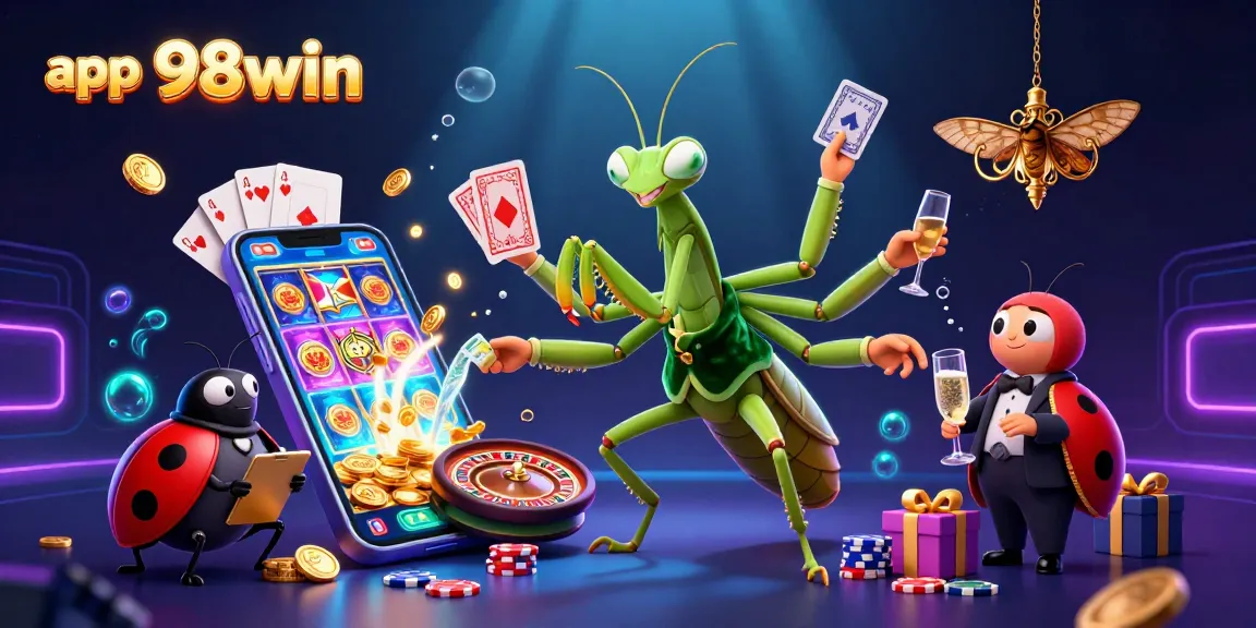 Experience the thrill with the app 98win as a giant praying mantis card sharp engages in dazzling card games, pouring champagne amid vibrant casino elements.