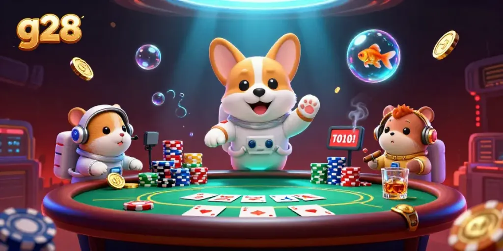 Experience the fun of g28 in zero-gravity casino with a corgi astronaut and floating poker elements.