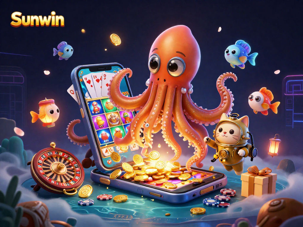 Engage in thrilling gaming adventures at Sunwin, featuring a colossal kraken and colorful slot games.