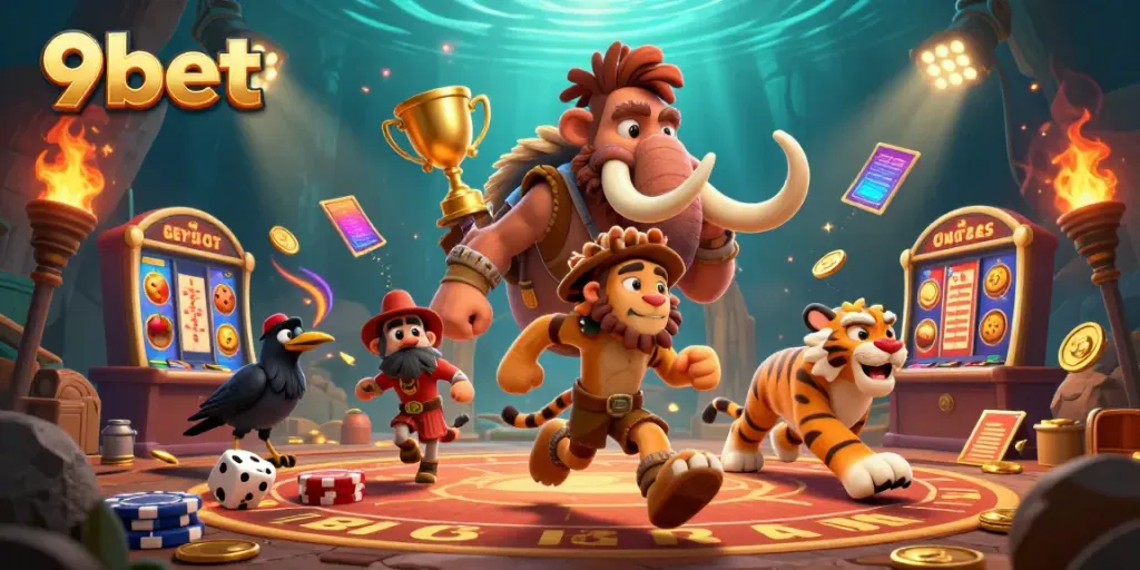 Experience thrilling casino action at 9bet with cavemen, slots, and exciting casino elements.