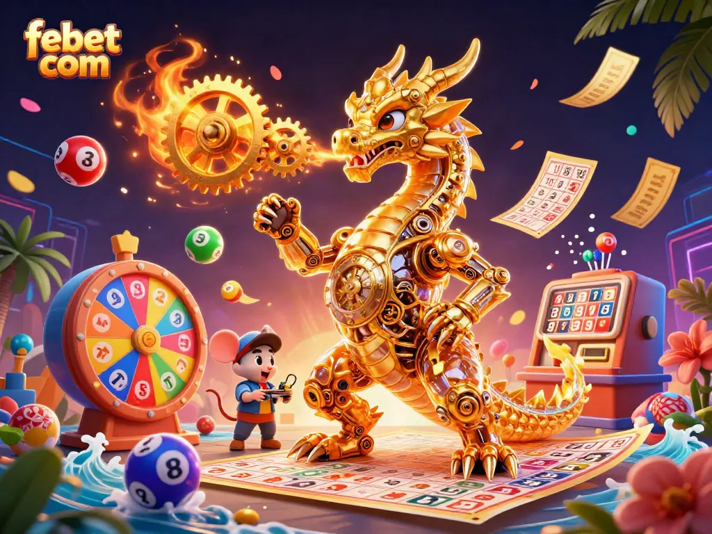 Get ready to win with febet com: a breathtaking scene of a golden dragon surrounded by vivid casino elements.
