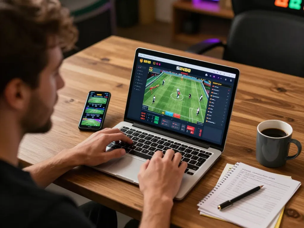 Player using the SIN88 betting app on a laptop, showcasing sports betting excitement in a cozy home setup