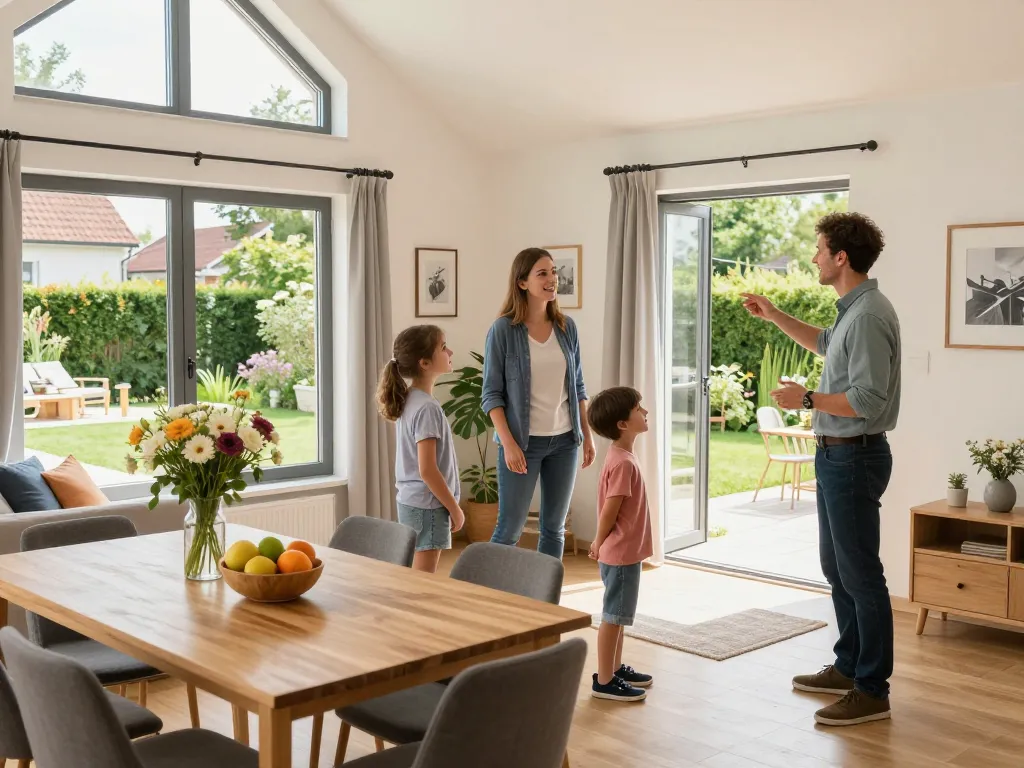 Immobilienmakler Frankfurt Preungesheim Familie erkundet ein charmantes Zuhause mit einem Immobilienmakler.