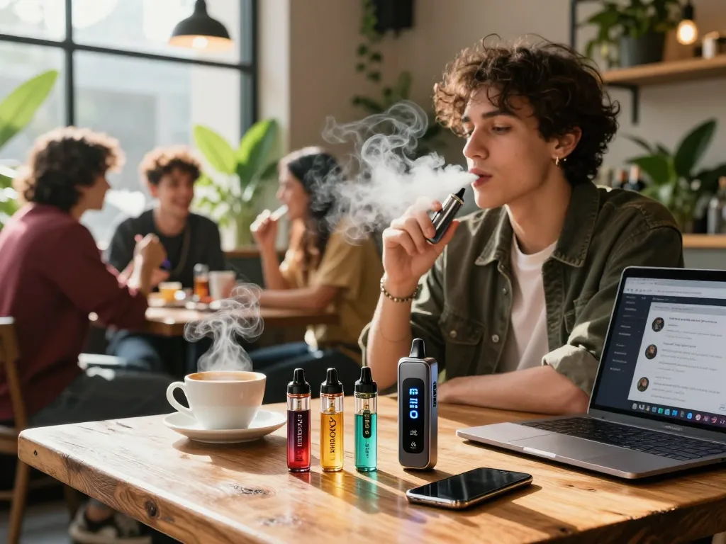 Al Fakher 30K Vape, das in einer lebhaften Café-Szene präsentiert wird und die moderne Dampf-Kultur betont.