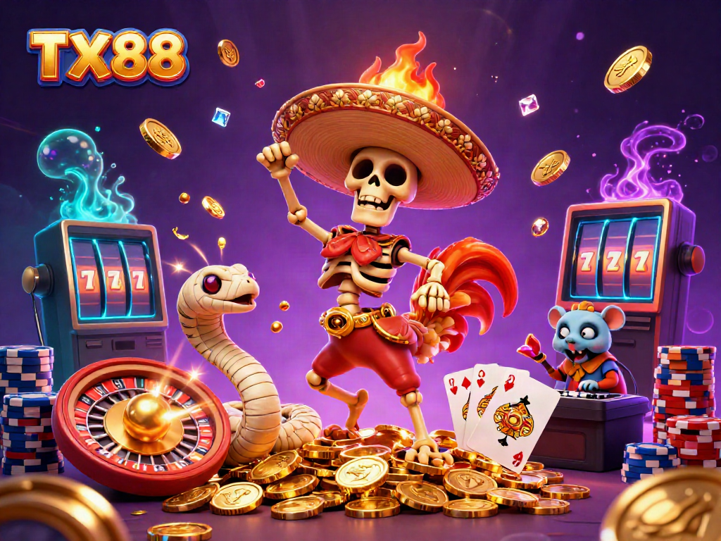 Experience thrilling gaming action at TX88 with a dynamic celebration in a 3D casino scene.