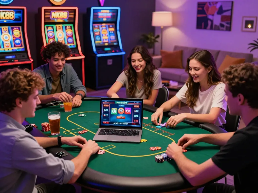 Friends engaging in an online NK88 casino game night with vibrant graphics and a cozy atmosphere.