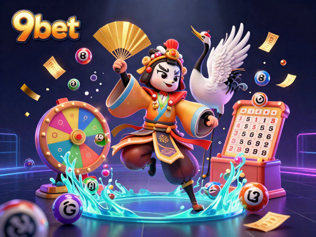 Experience the vibrant world of 9bet with a kabuki warrior and lottery elements in a dynamic casino scene.