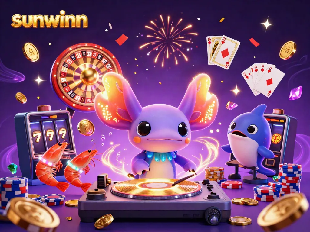 Spin and win with sunwinn at a vibrant underwater casino party featuring DJ axolotl and friends.