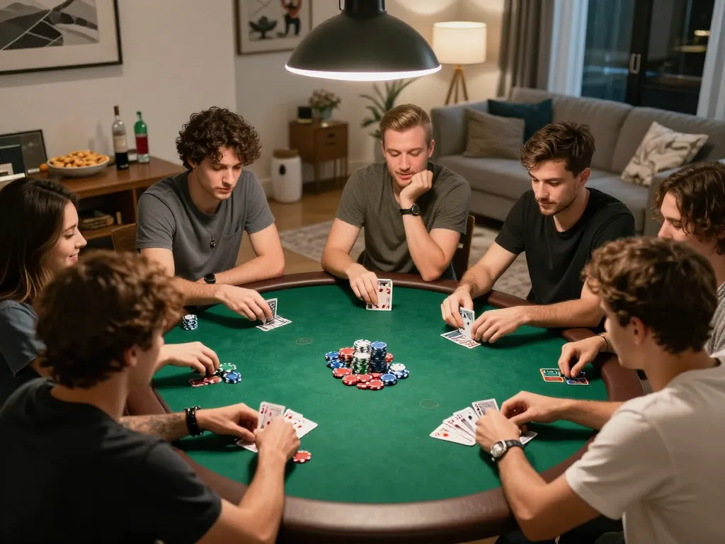 Players enjoying a fun poker night at home with 888now, chips and cards in action.