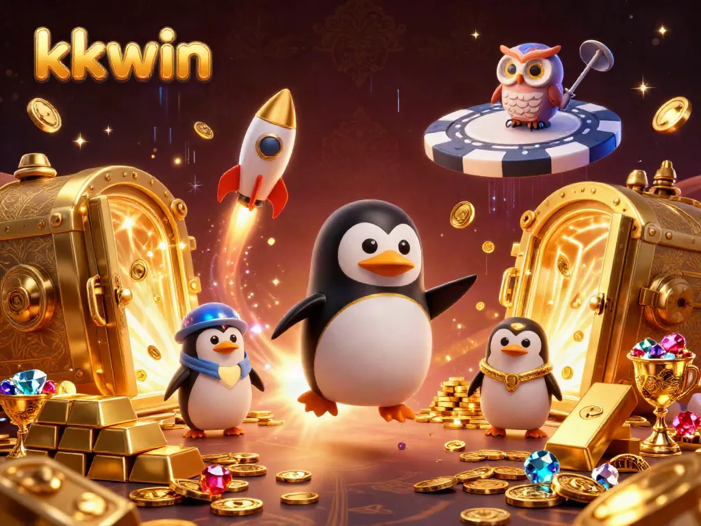 Experience the thrill of kkwin as a golden penguin blasts through a vibrant casino space.