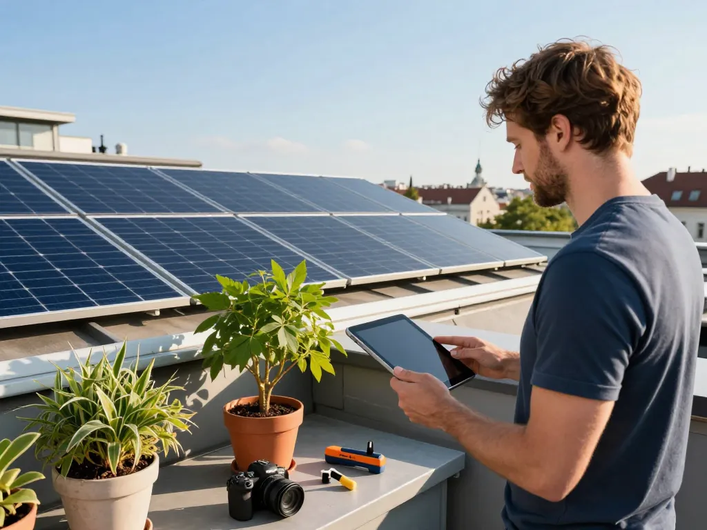Photovoltaik Wien: Hausbesitzer überprüft Solarpanels auf dem Dach in Wien.