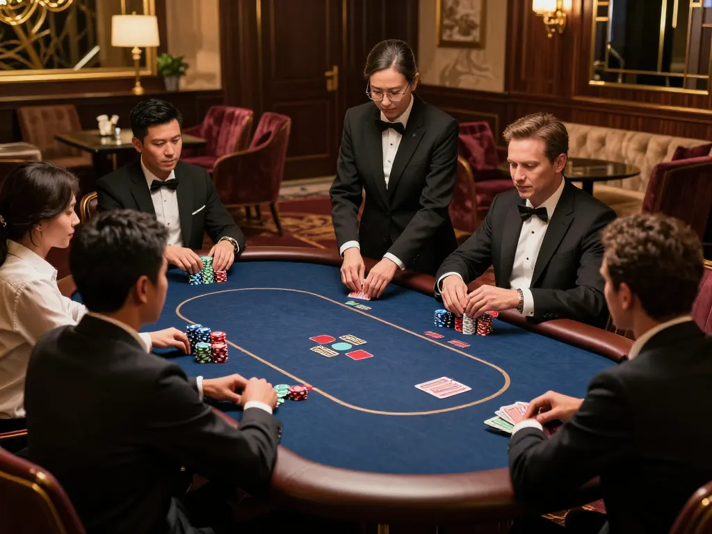 OnBet players enjoying a high-stakes poker game in an upscale casino setting.