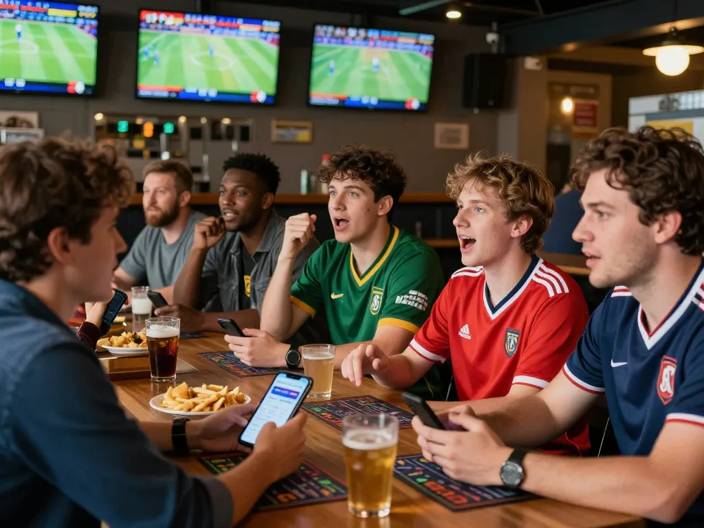 Lương Sơn TV sports betting enthusiasts using mobile apps to analyze game odds in a vibrant sports bar.