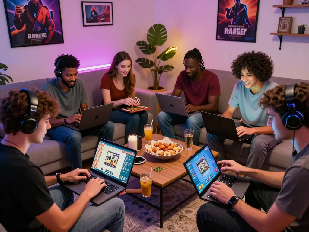 Gamers enjoying hitclub card games in a lively living room setting with modern decor.