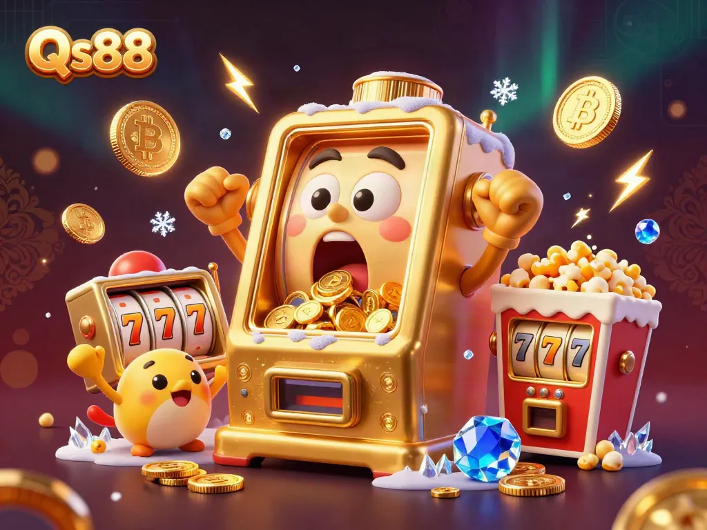 Experience thrilling gameplay with the Qs88 slot machine surrounded by festive coins and vibrant casino elements.