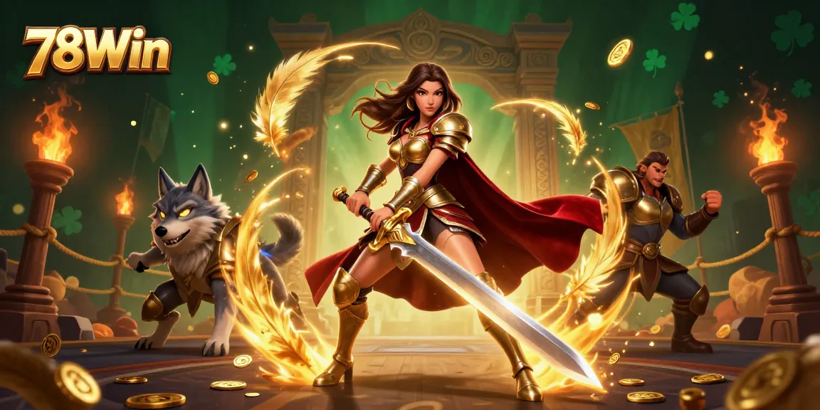 Engage with 78Win's thrilling casino scene showcasing a warrior queen and her wolf companion.