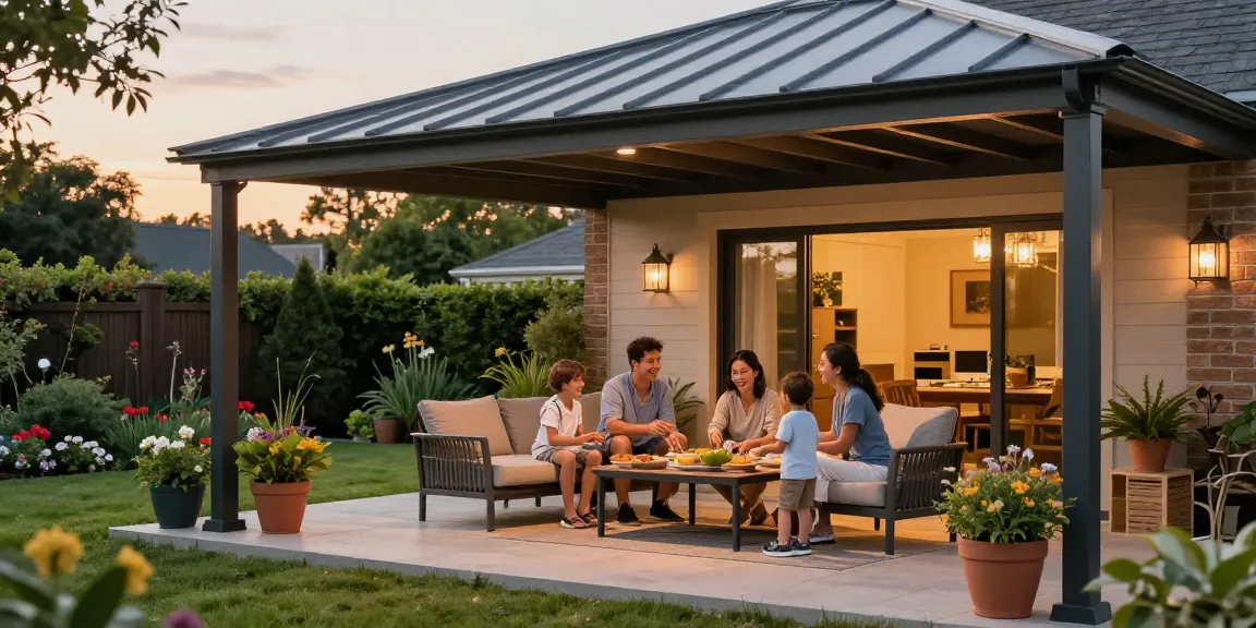 Moderne Terrassenüberdachung mit Familie bei Abendessen in schönem Garten.