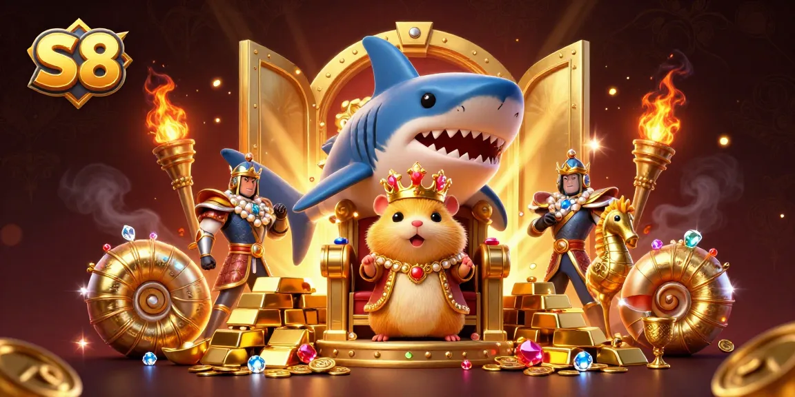 S8 engages players with a vibrant 3D casino scene featuring a golden hamster king and treasure elements.