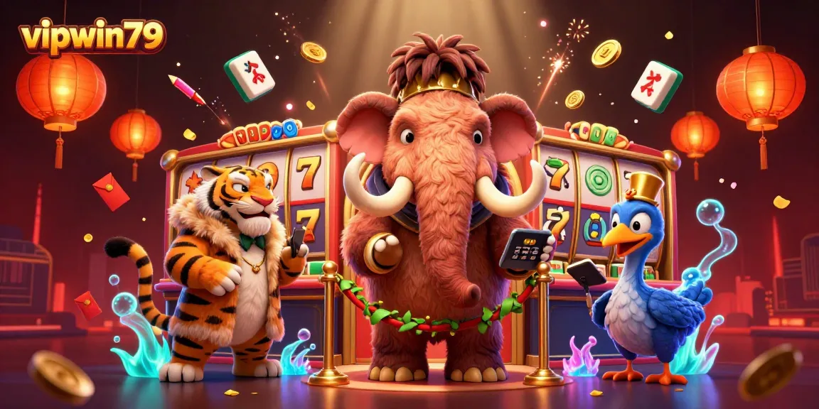 Experience thrilling casino excitement with vipwin79's vibrant 3D scene featuring dynamic characters and gaming elements.