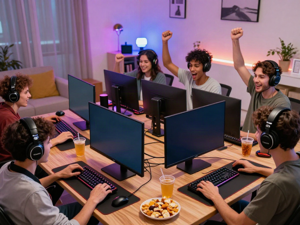 Engaged group of friends enjoying gaming with rokok88 brands in a vibrant living room.