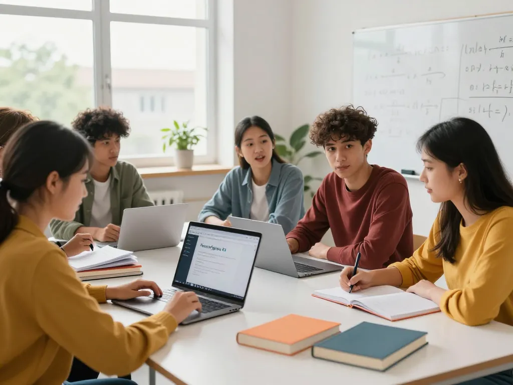 Studierende, die in einer hellen Studienumgebung mit Hausaufgaben KI-Tools arbeiten und kollaboratives Lernen zeigen.