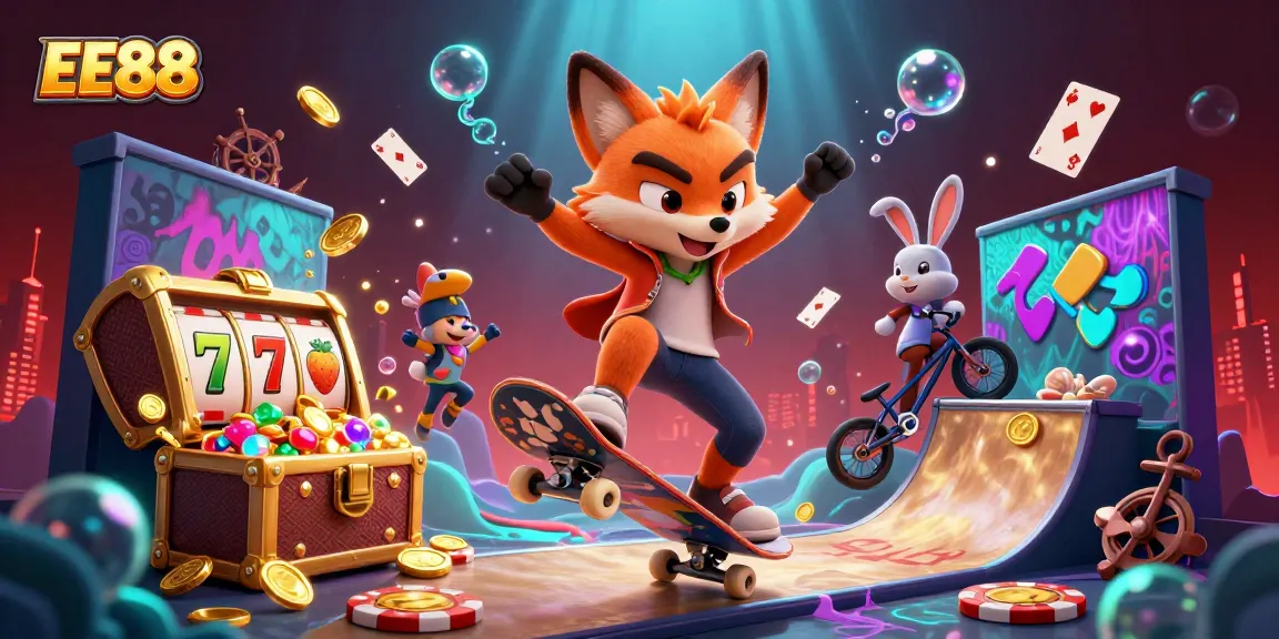 Experience thrilling casino action with EE88's vibrant cartoon scene of gaming elements and fun characters.