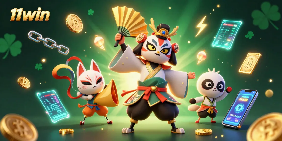 Engage with 11WIN's vibrant 3D scene filled with crypto symbols and casino elements