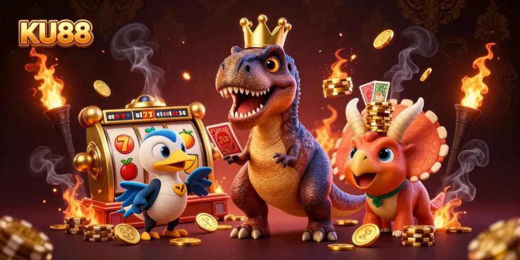 KU88 casino illustration of a T-Rex playing cards and a triceratops stacking chips, creating excitement in online gaming.