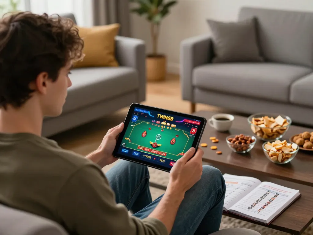 TWIN68 user enjoying live dealer gaming on a tablet, cozy home setting with snacks and strategy notes.