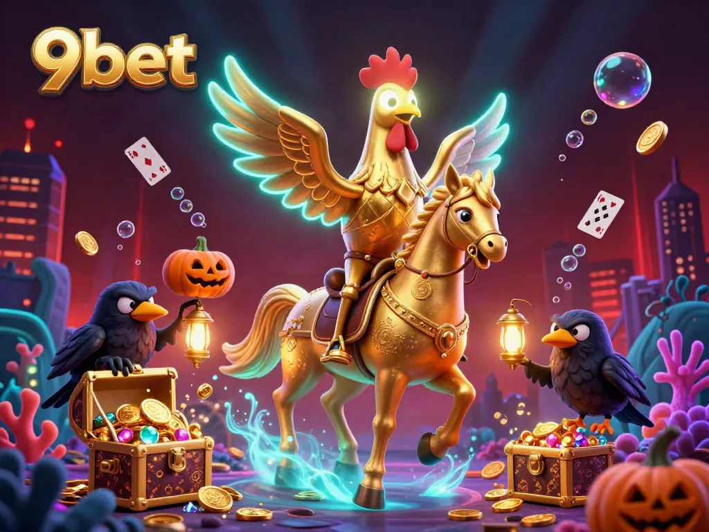 Experience the excitement of 9bet with a golden rooster and spooky companions in a vibrant casino scene.