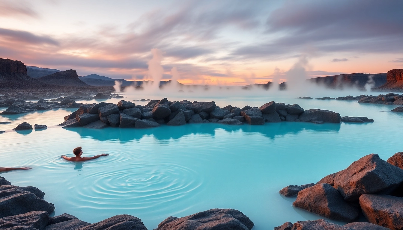 Blaue Lagune Reykjavik: Tranquil geothermal waters surrounded by volcanic landscapes and relaxing visitors.