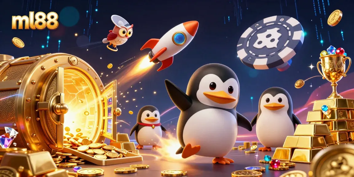 Experience the excitement of ml88 with a vibrant illustration of a golden penguin flying towards a poker chip casino.