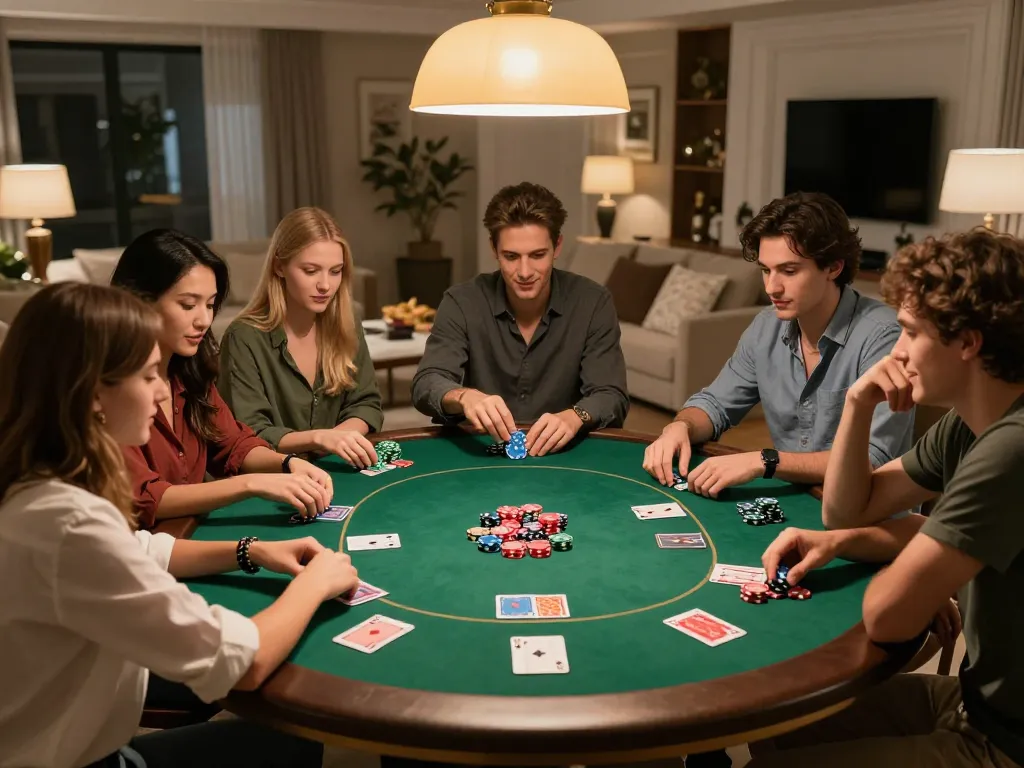 Friends engaging in a thrilling poker game, showcasing f168 gaming excitement in a cozy home setting.