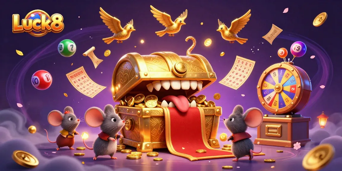 Luck8 draws players with a mesmerizing treasure chest amid colorful casino-themed elements.