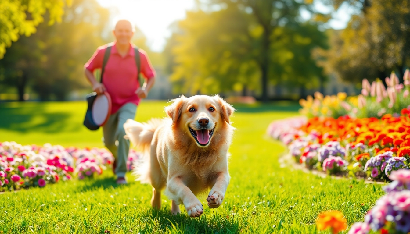 Pawsometime dog owner playing with a golden retriever in a vibrant park setting.