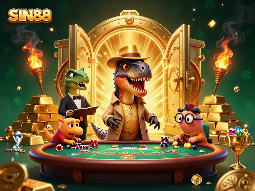 Experience thrilling casino action with SIN88 as the velociraptor card counter blends in, while treasures and gems shine around.