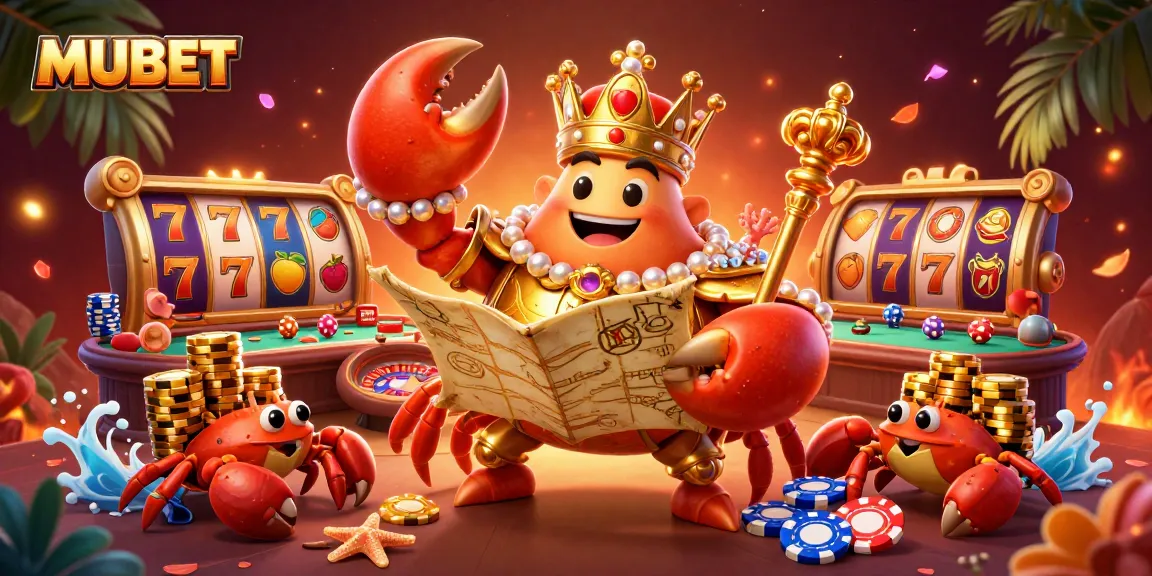MUBET brings excitement with a golden crab emperor in a vibrant casino scene.