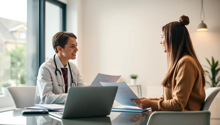 Visualize the process of gründung ambulanter pflegedienst businessplan with a professional and client in a modern office.