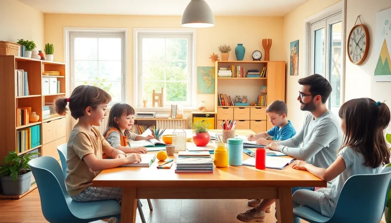 Heimunterricht: Kinder lernen aktiv in einem gemütlichen Raum, unterstützt von einem Elternteil.