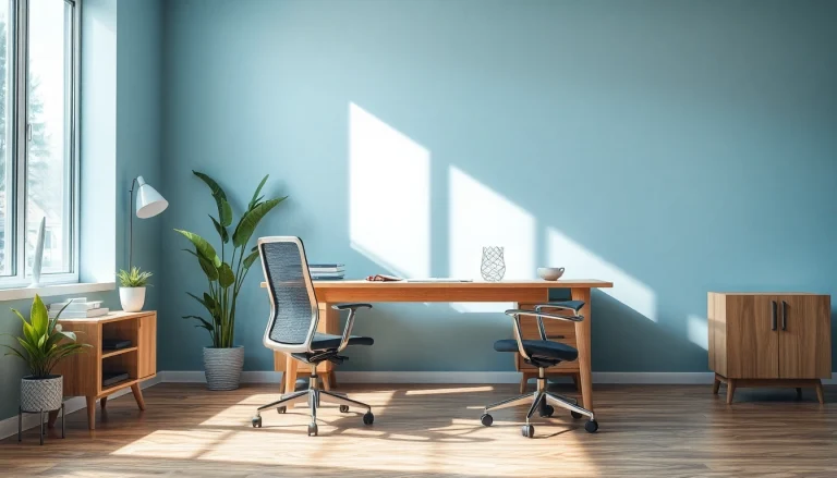 Modernes Büro mit hochwertigen Büromöbeln, einschließlich ergonomischem Stuhl und eleganten Schreibtisch, für ein inspirierendes Arbeitsumfeld.