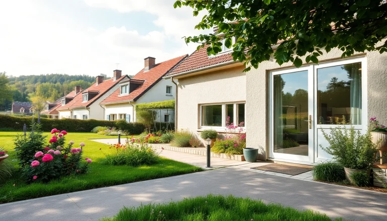 Traumhaus zum Hauskauf in einem idyllischen deutschen Vorort mit blühendem Garten.