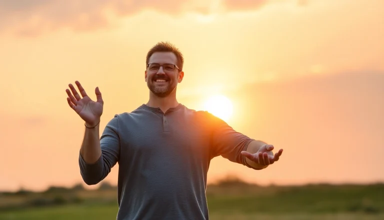 Motivierter Mensch zeigt gesunden Gewichtsverlust auf einer Skala mit Sonnenaufgang im Hintergrund.