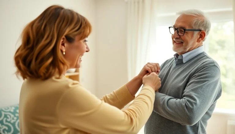 Pflegedienst: Einfühlsame Pflegerin hilft senioren Herren beim Ankleiden in einer warmen Umgebung.