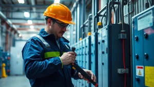 Electrician performing a DGUV V3 Prüfung on electrical equipment, ensuring workplace safety compliance.