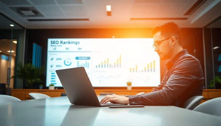 Digitaler Marketing-Experte analysiert SEO-Ranking-Daten in einem modernen Büro.