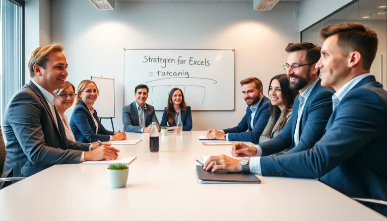Professionelles Team im Meeting diskutiert Executive Search im Sales-Bereich mit strategischen Notizen auf einem Whiteboard.