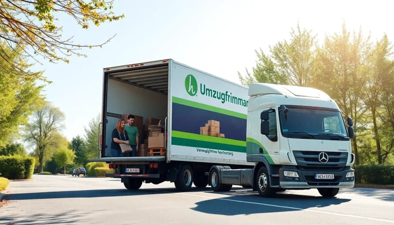 Vrolijke verhuizers van Umzugsfirma Nürnberg laden professioneel dozen in een moderne verhuiswagen.